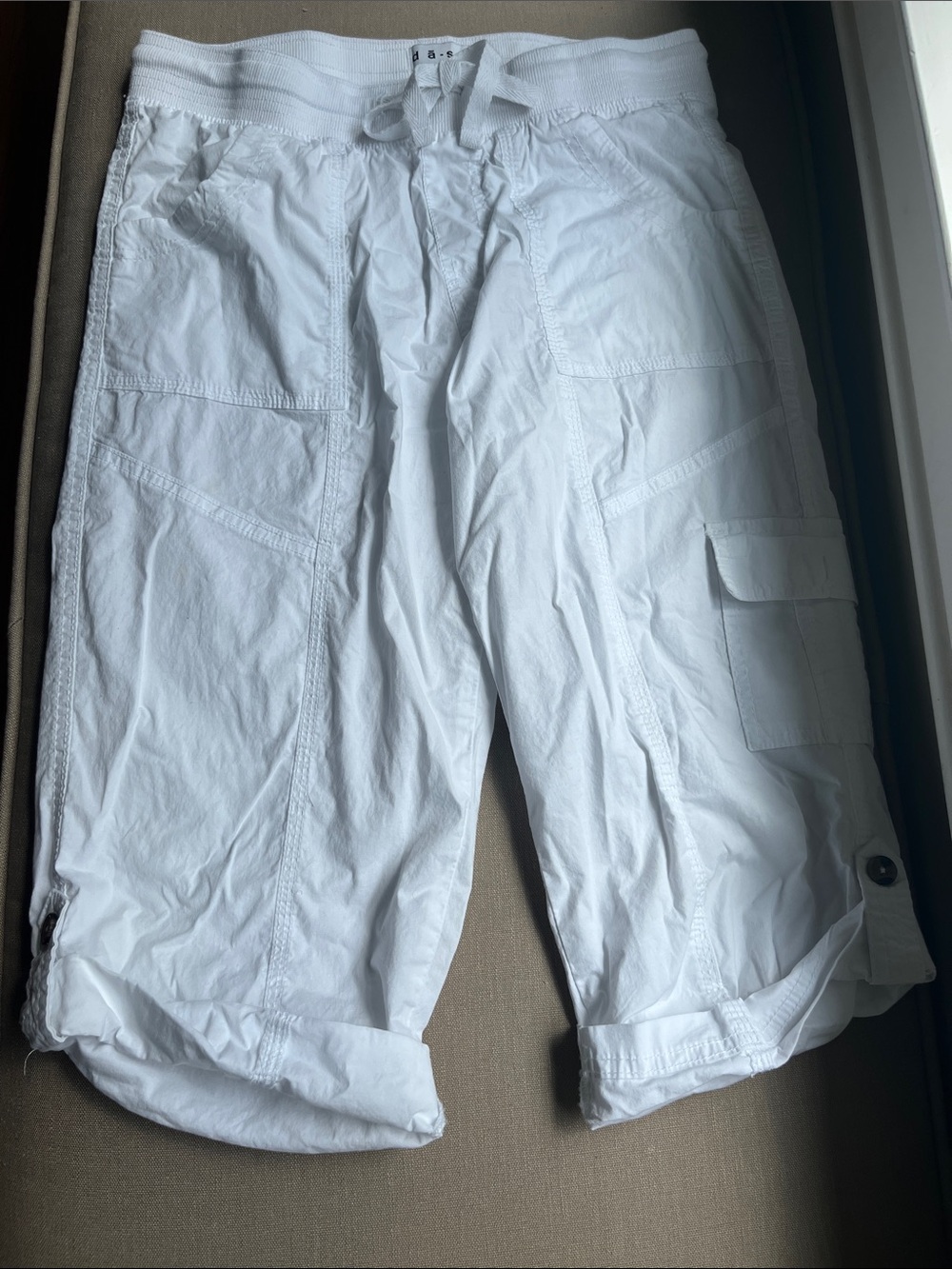 White Elastic Waist Drawstring Cargo Bermuda Shorts Capris SMALL
